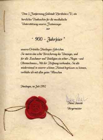Eintrag des Neulinger Brgermeisters im Rahmen der 900-Jahrfeier von Gbrichen 1992