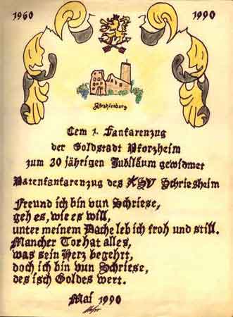 Eintrag unseres "Patenvereins" KSV-Fanfarenzug Schriesheim anlsslich unseres 30 jhrigen Bestehens 1990